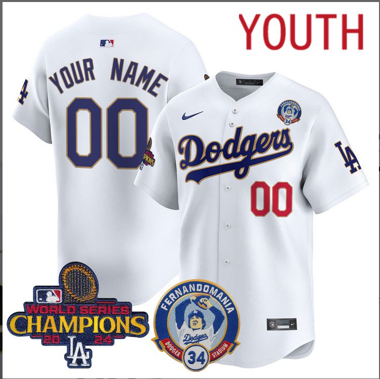 Youth MLB Los Angeles Dodgers Custom white 2024 World Series Champions Patch Cooperstown Jersey style11